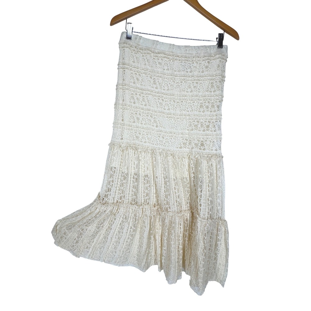 Shabby Cream Lace Tiered Maxi Skirt Medium Boho Cottagecore Sheer Lined Coquette